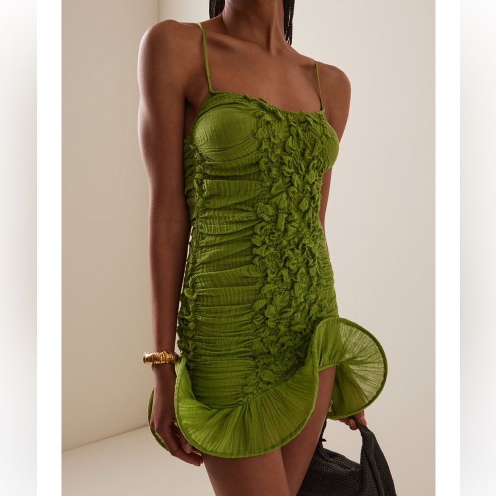 Green Ruched Mini Dress with Ruffle Hem - Picture 2 of 13